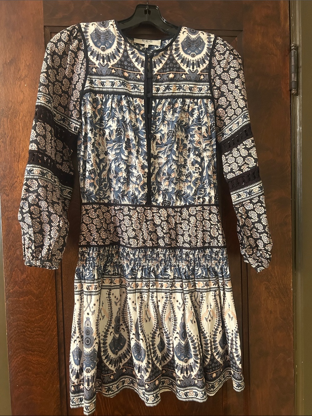 SEA Boho Printed Long-Sleeve Dress in Blue and White